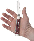 WR XX Pocket Knife Pocket Worn Old Red Bone Trapper With Stainless Clip And Spey Blades Four And One Eighth Inch Closed USA Made