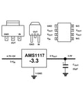 AMS1117 3.3V DC To DC Buck Regulator Module With LED Indicator diagram showing pin configuration and circuit connection