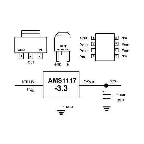AMS1117 3.3V DC To DC Buck Regulator Module With LED Indicator diagram showing pin configuration and circuit connection