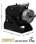 Heavy Duty Compact Rotary Welding Positioner Turntable Featuring Smooth As Butter Stepless Rotation Foot Pedal Control And Rock Solid Adjustable Head For Killer TIG Builds side view showcasing dimensions 9.18" x 8.12" x 5.43" and weight 17 lbs.