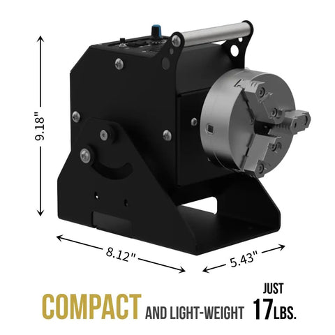 Heavy Duty Compact Rotary Welding Positioner Turntable Featuring Smooth As Butter Stepless Rotation Foot Pedal Control And Rock Solid Adjustable Head For Killer TIG Builds side view showcasing dimensions 9.18" x 8.12" x 5.43" and weight 17 lbs.