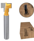 Five Piece T Slot Router Bit Set For T Track Grooving With Tough Carbide Cutters; detailed cutter and wood groove close-up.