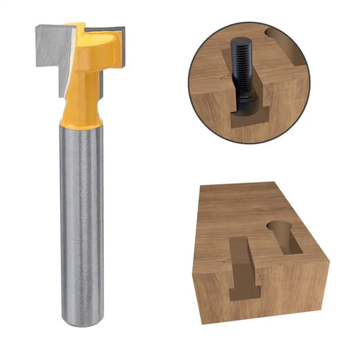 Five Piece T Slot Router Bit Set For T Track Grooving With Tough Carbide Cutters; detailed cutter and wood groove close-up.