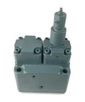 Hydraulic valve block with proportional relief and flow control; gray metal body, mounting holes, vertical actuator.