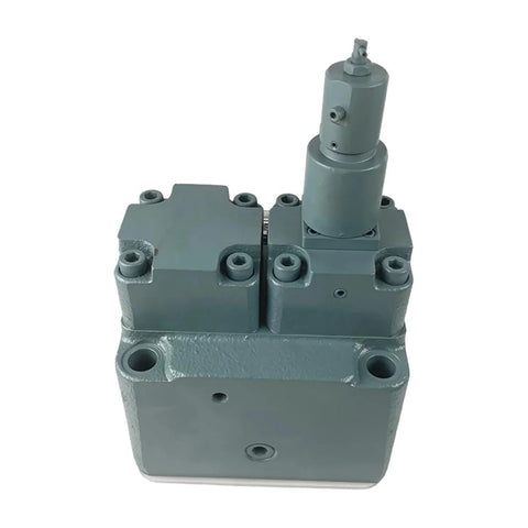 Hydraulic valve block with proportional relief and flow control; gray metal body, mounting holes, vertical actuator.