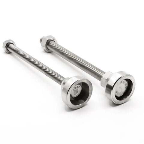 Shake Off Those Floor Wobbles Fast With Heavy Duty Adjustable Leveling Feet Cups 30Mm 304 Stainless Steel Lock Securely For Top Shelf Stability Breeze To Swap In Four Pack Ready. Image shows two stainless steel leveling feet with threaded rods.