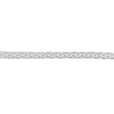 Close-up of One Eighth Inch White Polyester Rope With Solid Braid Dacron Five Hundred Foot Spool Low Stretch UV Resistant Industrial Utility Cord