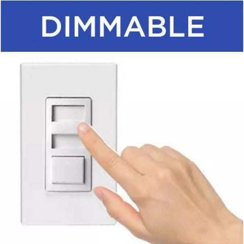 Hand adjusting dimmable light switch with 'DIMMABLE' text above, indicating adjustable lighting control.