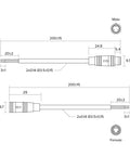 Technical diagram of 2 Pin IP65 Electrical Connector Extension Cable Set for Ebike Kits, showing dimensions and connectors.