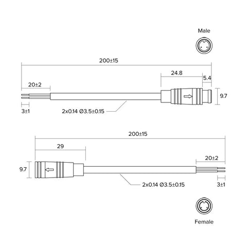 Technical diagram of 2 Pin IP65 Electrical Connector Extension Cable Set for Ebike Kits, showing dimensions and connectors.