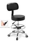 Heavy Duty Swivel Rolling Stool With Backrest For All Day Comfort On Wheels, cushioned seat, and adjustable height control.