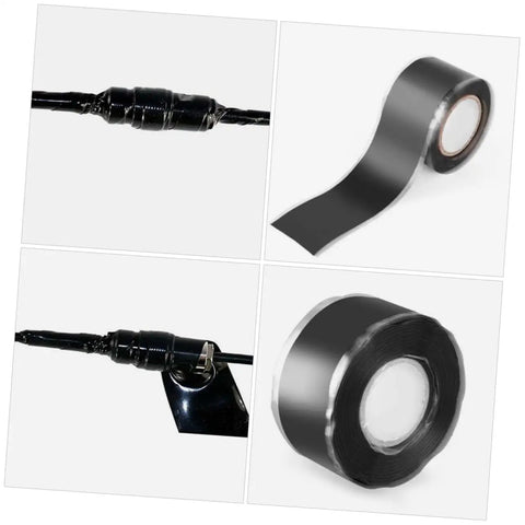 Self Fusing Silicone Tape For Fast Pipe Repair And Electrical Wire Insulation High Temperature Resistant Durable Self Adhesive Leak Fix Tape For Home Plumbing And DIY Projects shown as a roll and applied on wires.