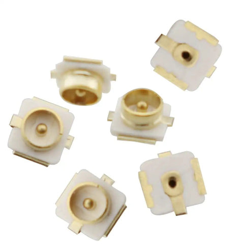 60 Pack PCB Mount Coaxial Connectors Set for SMD SMT Boards, 50 Ohm RF Female Socket Jacks, gold, top view