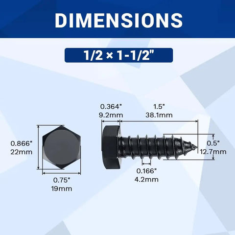 Heavy Duty 1/2 X 1-1/2 Inch Black Hex Head Lag Screws Bolts 8 Pc Pack For Decks And Wood Projects, 304 Stainless Steel 18/8 With Black Oxide Finish, Full Thread, Indoor Outdoor Use, Built To Last Fayeploo with dimensions
