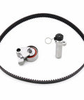 Premium Heavy Duty Timing Belt Kit With Tensioner Roller And Idler Pulleys For Lexus IS300 SC300 GS300 And Toyota Supra 3 0L 2JZ Matched Oem Specs To Restore Peak Power While Keeping Your Ride Cruising Smooth As Silk Until The Next Fix. black timing belt with tensioner and idler pulley on white background