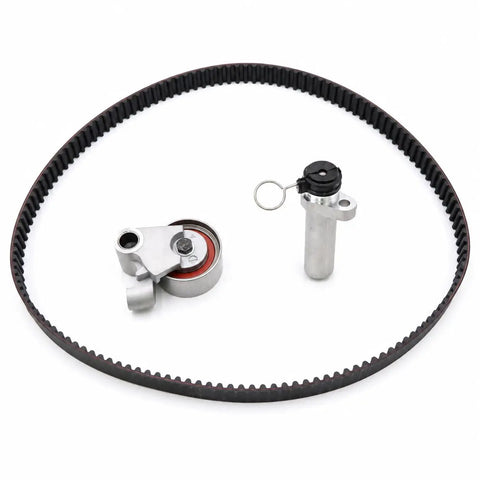 Premium Heavy Duty Timing Belt Kit With Tensioner Roller And Idler Pulleys For Lexus IS300 SC300 GS300 And Toyota Supra 3 0L 2JZ Matched Oem Specs To Restore Peak Power While Keeping Your Ride Cruising Smooth As Silk Until The Next Fix. black timing belt with tensioner and idler pulley on white background