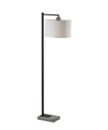 Black Floor Lamp With White Fabric Drum Shade, Three Way Dimmer, 60.75 Inch Tall, Sleek Black Frame, Grey Cement Accents