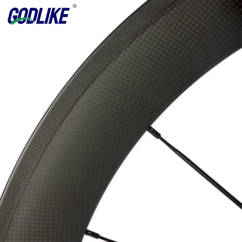 Carbon Road Wheelset 700C Aero 60mm Deep 23mm Wide Clincher For Racing, Basalt Brake Surface, close-up of 3K matte finish rim