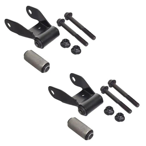 Heavy Duty Leaf Spring Rear Shackle Bracket Repair Kit Bolt On Fit For Ford Ranger Truck F-150 E-150 And Mazda B2300 B3000 1975-2009 Includes Shackle With Bushing And All Hardware For Easy Rebuild. Image of components including shackle, bushings, bolts, and nuts.