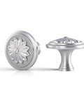 Decorative cabinet knobs, flower design, satin nickel finish, front and side view