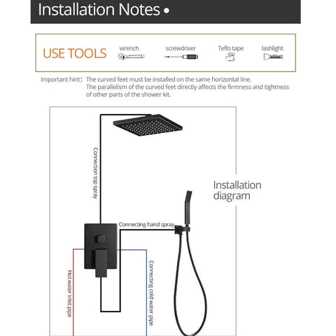 Installation diagram for UMJIGF Black Shower System with Hot and Cold Water Contemporary Shower Faucet Set.