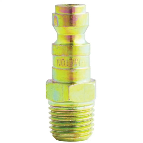 Straight Up Heavy Duty Bulk Deal One Hundred Forty Pieces Quarter Inch MNPT T Shape Plugs Built Hella Durable Case Hardened Steel Pneumatic Air Line Fittings Max Three Hundred Psi Compressor Gear, gold-plated fitting.