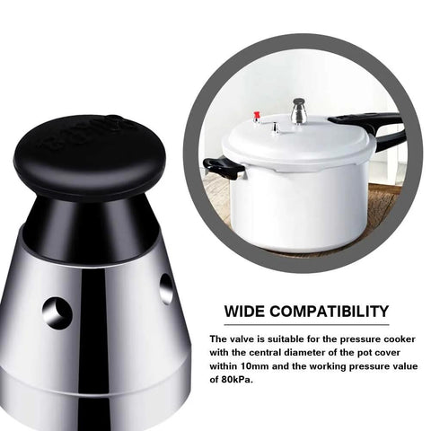 Pressure cooker jigger valve by Amazon; stainless steel body with black cap, shown installed on a white pressure cooker lid.