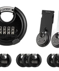 70mm Weatherproof Disc Padlock With 4 Digit Resettable Combination Built Tough Outdoor Padlock For Garage Fence Shed Storage Unit Trailer And More 12 Pack showing lock details and set of 12.