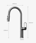TXGJWRA Green Pull-Faucet with 360-Degree Swivel Spray Head, Single Hole Sink Mixer dimensions shown in a sleek design.