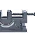 Heavy Duty 4 Inch Precision Milling Vise With Tilting Guide Rod And Adjustable Angle Bench Clamp For Metalworking Jobs And Surface Grinder Work Dead On Accuracy, side view of the vise showing adjustable angle and sturdy metal build.