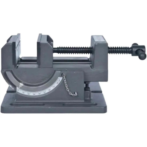 Heavy Duty 4 Inch Precision Milling Vise With Tilting Guide Rod And Adjustable Angle Bench Clamp For Metalworking Jobs And Surface Grinder Work Dead On Accuracy, side view of the vise showing adjustable angle and sturdy metal build.