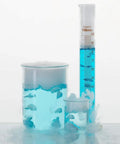 Glass Graduated Cylinder And Beaker Set For Lab Work, Borosilicate 3.3 Thick Glass with blue liquid, 100ml cylinder, 250ml beaker