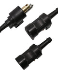 Three black Six Millimeter Marine Fuel Line Connector Kit with male and female fittings for 1/4 inch hose, dockside use.