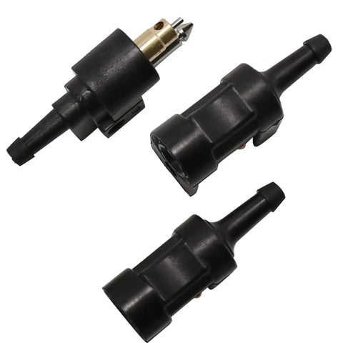 Three black Six Millimeter Marine Fuel Line Connector Kit with male and female fittings for 1/4 inch hose, dockside use.
