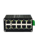 Front view of 10 Port Gigabit Ethernet Switch Industrial Grade Unmanaged Network Hub with DIN Rail or Wall Mount and rugged metal case.