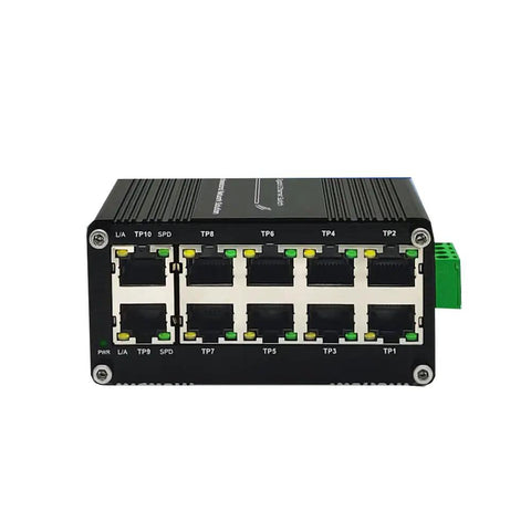 Front view of 10 Port Gigabit Ethernet Switch Industrial Grade Unmanaged Network Hub with DIN Rail or Wall Mount and rugged metal case.