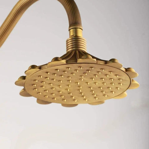 Heavy Duty Solid Brass Shower System Featuring Eight Inch Rainfall Head And Detachable Handheld Sprayer Lead Free Wall Mounted Bath Faucet Rock Solid Build top view of rainfall shower head.