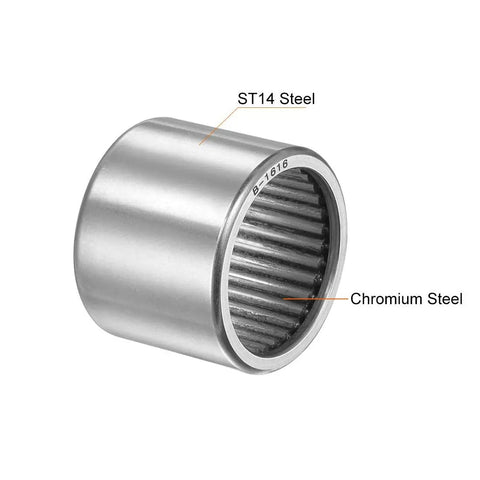 B1616 Needle Roller Bearing Full Complement Drawn Cup Open 1 Inch Bore 1.25 Inch Outer Diameter, ST14 and Chromium Steel