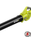 Heavy Duty Cordless Jet Fan Leaf Blower With 500 CFM And 110 MPH Turbo Boost, featuring handheld design and variable speed trigger.