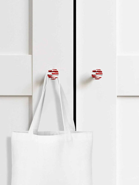 Top Shelf Solid Beech Wood Cabinet Knobs 2 Pack 1.6 Inch Round Grey Red Abstract Art Drawer Pulls Slick Finish For Kitchen Cupboards And Furniture Quick Kick Up Your Space on white cabinet with a tote bag.