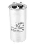 30 uF 450V Homopolar Electrolytic Capacitor For Air Conditioner Compressors And Industrial Equipment Motor Drives, Heavy Duty Motor Start Cap, 30 Microfarad Electrical Motor Start Component, silver CBB65 can with spade terminals