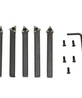 Heavy Duty 5 Pack Quarter Inch Indexable Carbide Insert Set With Hex Wrench And Screws for Metal Lathe, showing inserts and wrench.