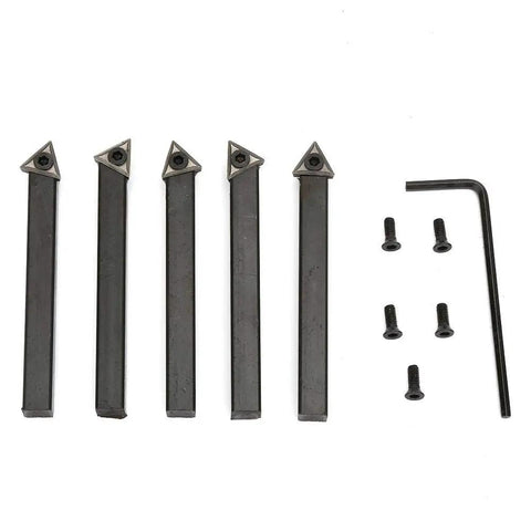 Heavy Duty 5 Pack Quarter Inch Indexable Carbide Insert Set With Hex Wrench And Screws for Metal Lathe, showing inserts and wrench.