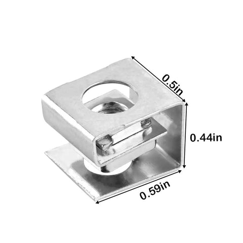 20 Pack Slip On Lock Nuts 10 32 Thread Zinc Plated Steel Furniture T Nuts For Cabinet Doors With Square Holes No Sweat Grip Tight Heavy Duty Hardware Kit, close-up view with measurements.