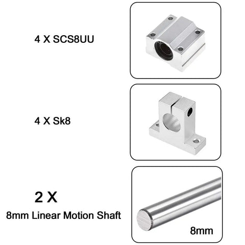 Two Pack 8mm By 500mm Linear Motion Rod Guide Set with Four SCS8UU Ball Bearings, Four SK8 Aluminum Rail Supports for CNC Rigs