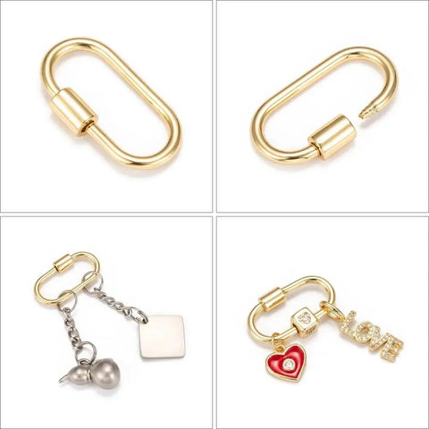 Golden Screw Carabiner Lock Charms Set For Jewelry Making Brass Oval Quick Clasp Connectors with attached charms