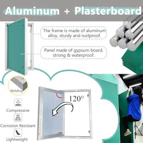 Zero Hassle Bifold Magnetic Access Panel Door With Quiet Strips And Predrilled Holes For Drywall Plumbing Wiring featuring aluminum frame and plasterboard.