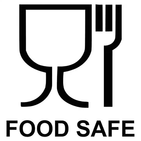 Food safe symbol with glass and fork illustration indicating safety for food contact.
