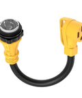 Heavy Gauge 50 Amp Twist Lock Converter Nema Ss2-50P To 14-50R Marine Rv Adapter with 1.5 ft cable and yellow 90-degree grip handle.