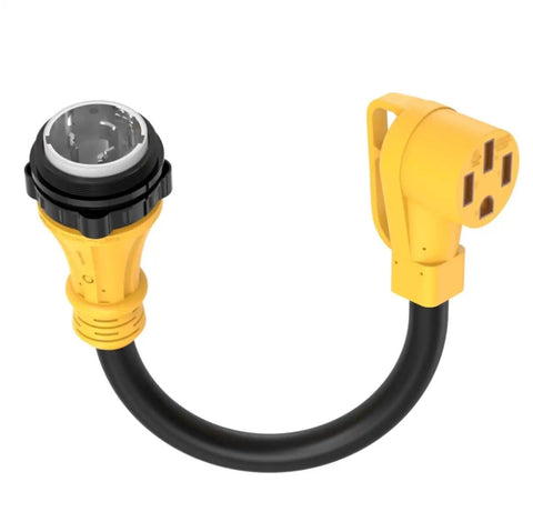 Heavy Gauge 50 Amp Twist Lock Converter Nema Ss2-50P To 14-50R Marine Rv Adapter with 1.5 ft cable and yellow 90-degree grip handle.